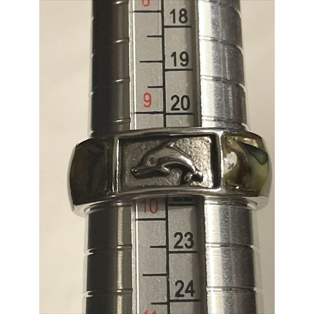 Abalone Shell Silver Tone Inlay Dolphin Ring‎ Band Size 9.5  Beach Vacation A122
